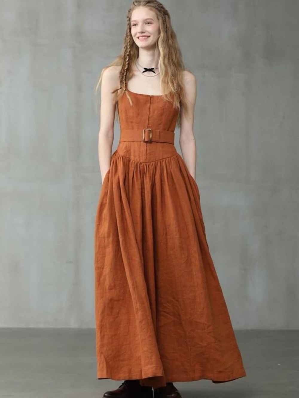 Linennaive Rust Belted Linen Maxi dress